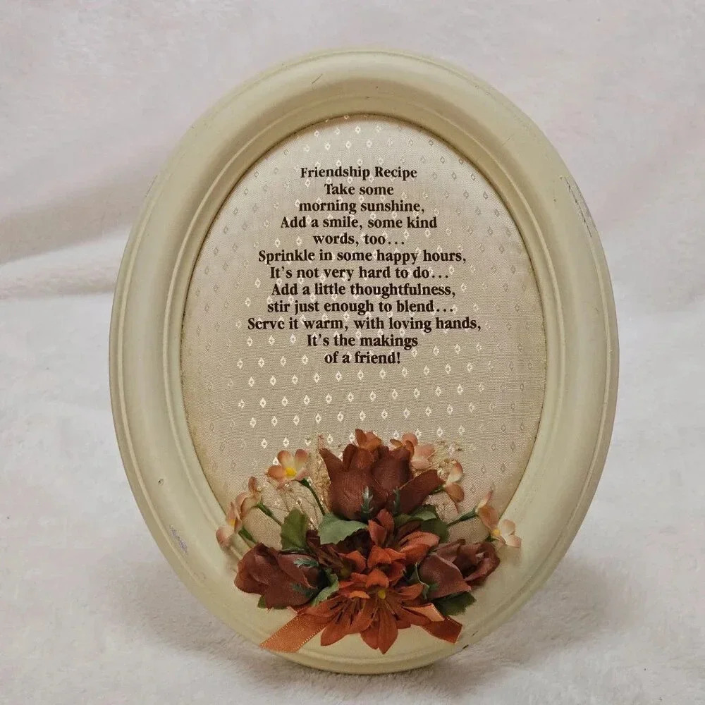 Vtg Oval Wooden Frame Fabric Floral Wall Decoration Friendship Recipe Poem 1987
